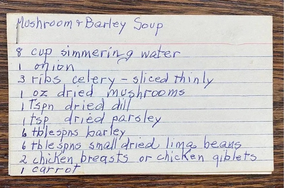 Index card with handwritten family recipe for barley soup